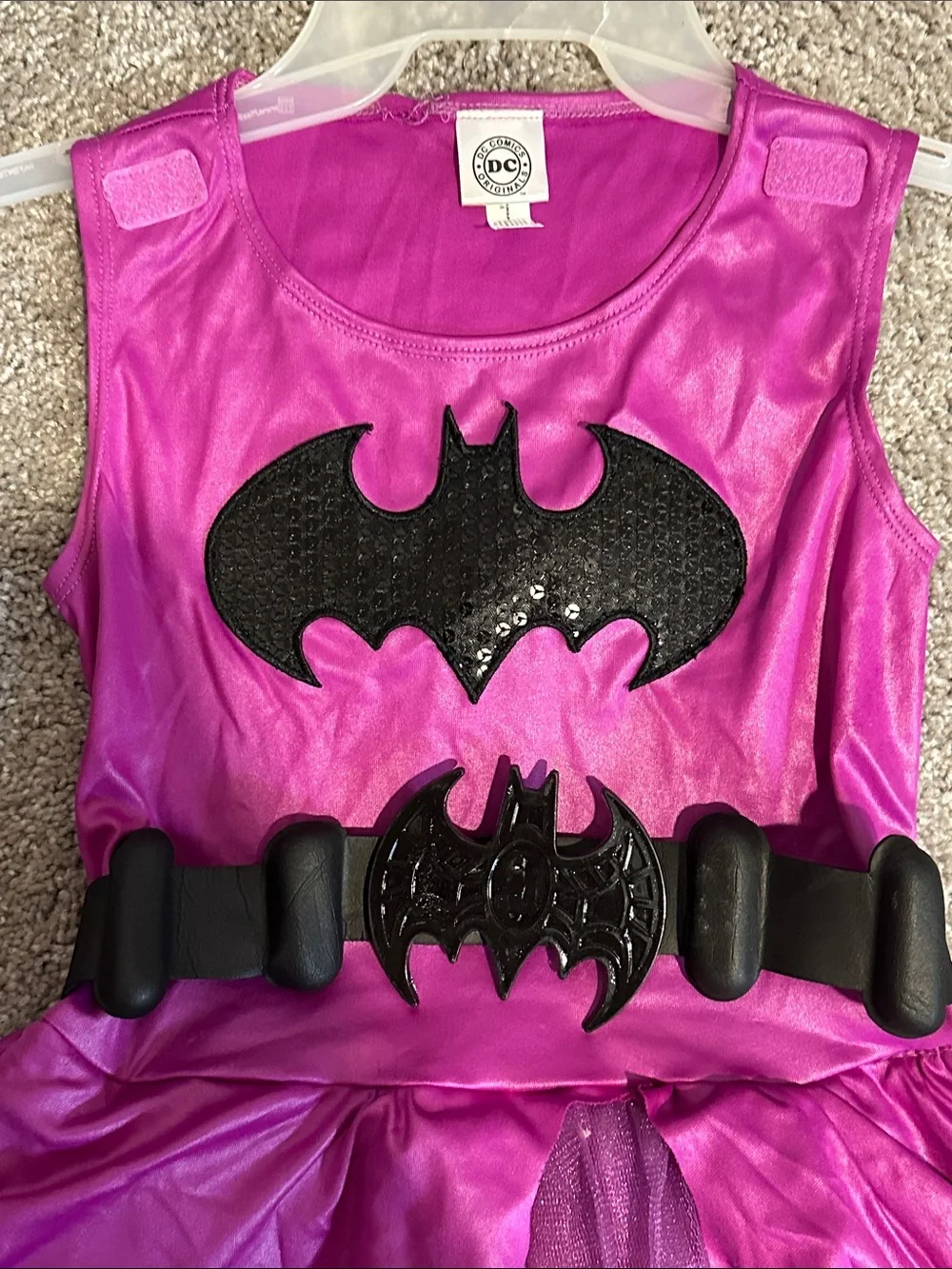 DC Girls' Magenta Batgirl Dress with Black Emblems and Belt
